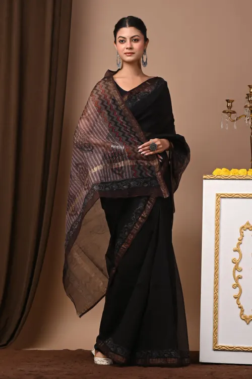 Handcrafted Bagru Print Black Colour Kota Sarees